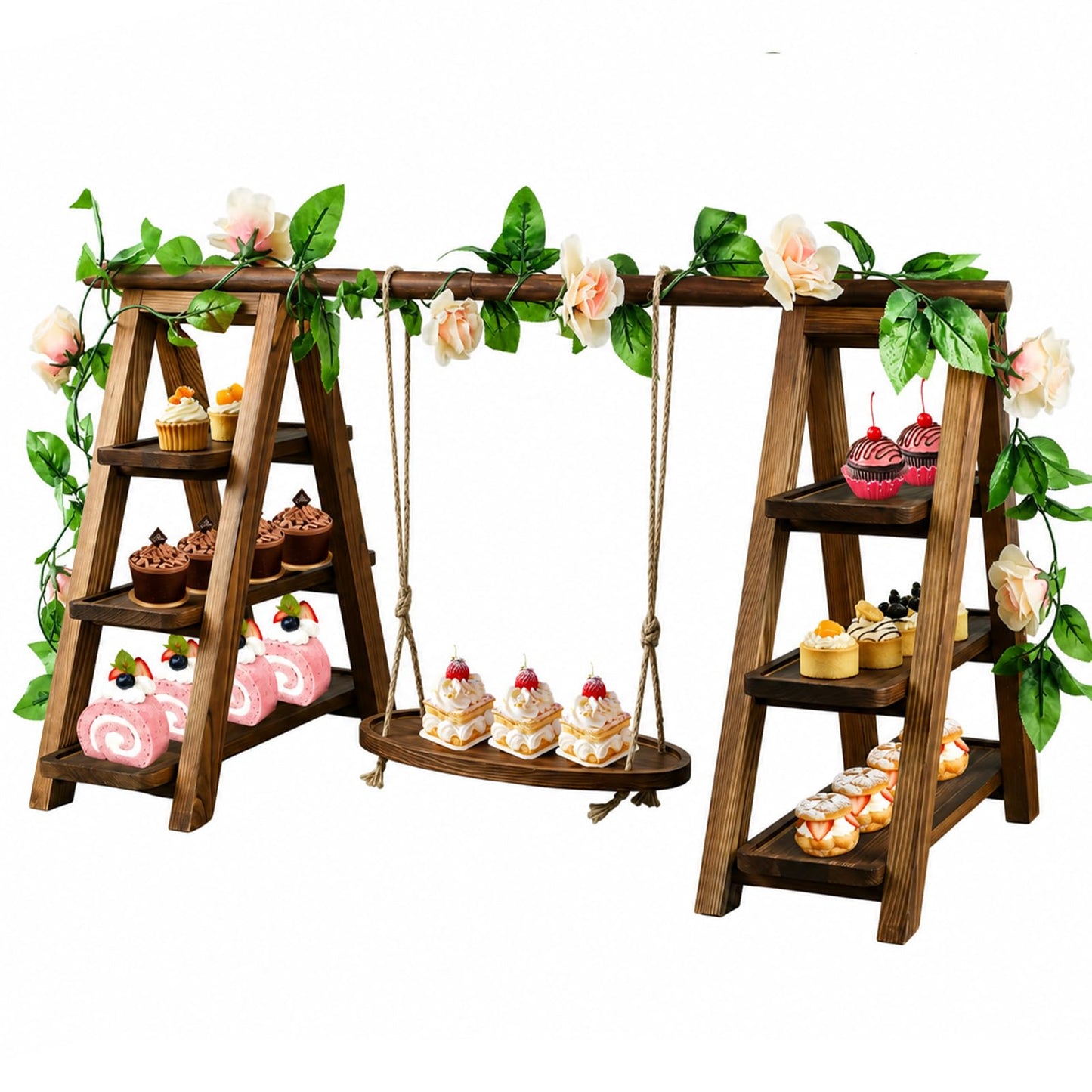 Large Wooden 3 Tier Swing Cupcake Stand with Flower Decor, Removable Trays, Foldable Ladder Display for Cake, Snacks, Fruit, Bread, Party & Catering Centerpieces