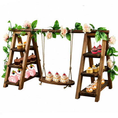 Large Wooden 3 Tier Swing Cupcake Stand with Flower Decor, Removable Trays, Foldable Ladder Display for Cake, Snacks, Fruit, Bread, Party & Catering Centerpieces