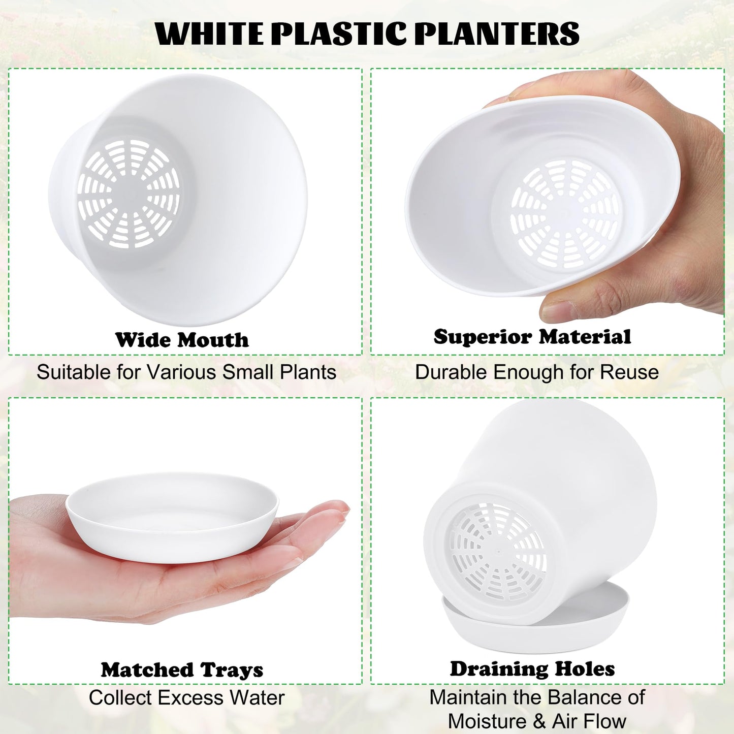 Hahood 60 Pieces White Plastic Planters 4 Inch Flower Pot with Trays Labels Plant Pots Plants Nursery Pot Flower Seedling Nursery Pots for Indoor Outdoor Plant, Herb, Succulent