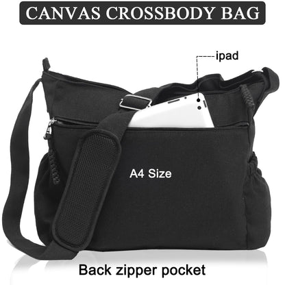 High Density Canvas Messenger Bag for Men/Women, 15 Inch Crossbody Shoulder Bag, Large Tote Bag for College/Travel/Work Daily Use（Black）