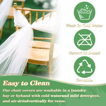 5PCS RAINFLOW White Chair Sashes - Wedding Aisle Decorations Long 19.6IN x 7.8FT Tulle Venue Decoration for Banquet Chair Back Side Bridal Baby Shower Birthday Party