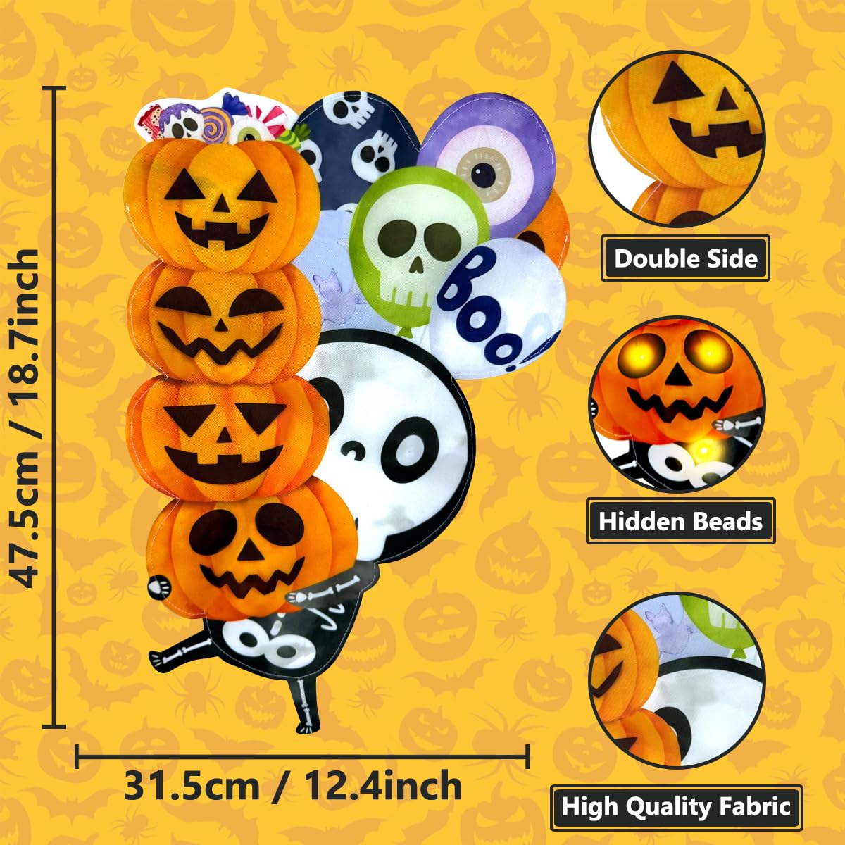 3D Lighted Halloween Garden Flag, Solar Powered LED Outdoor Skeleton & Pumpkin Holiday Yard Flag, Double Side Spooky Ghost Skull Shaped Flag for Patio Lawn, Home Porch 12×18 Inch