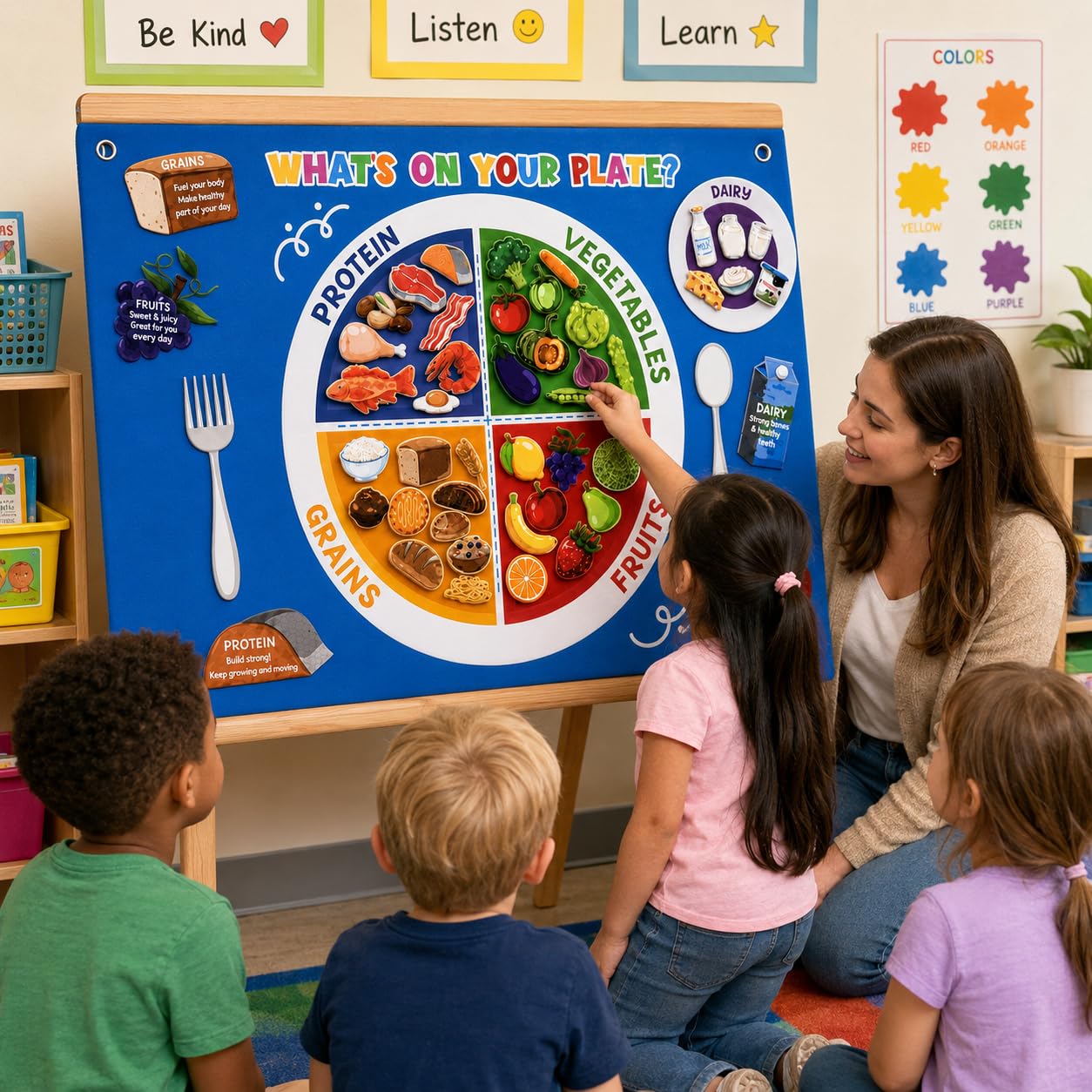 Cinrobiye My Plate Felt Kit DIY Food Diary Early Learning Stories Set Vegetable Fruits Protein Grain Felt Scene Craft Nutrition Bulletin Board for Home Preschool School Games Wall Doors Decor Supplies
