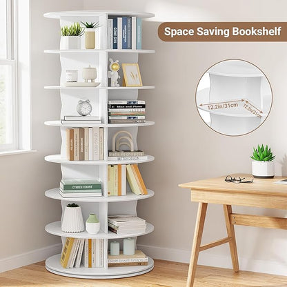6-Tier Rotating Standing Shelf Unit with Dividers, 360° Storage Display Tower Vertical Floor Organizer, for Bedroom, Closet, Entryway & Office, Ideal for Shoes, Cosmetics & Handbags, White