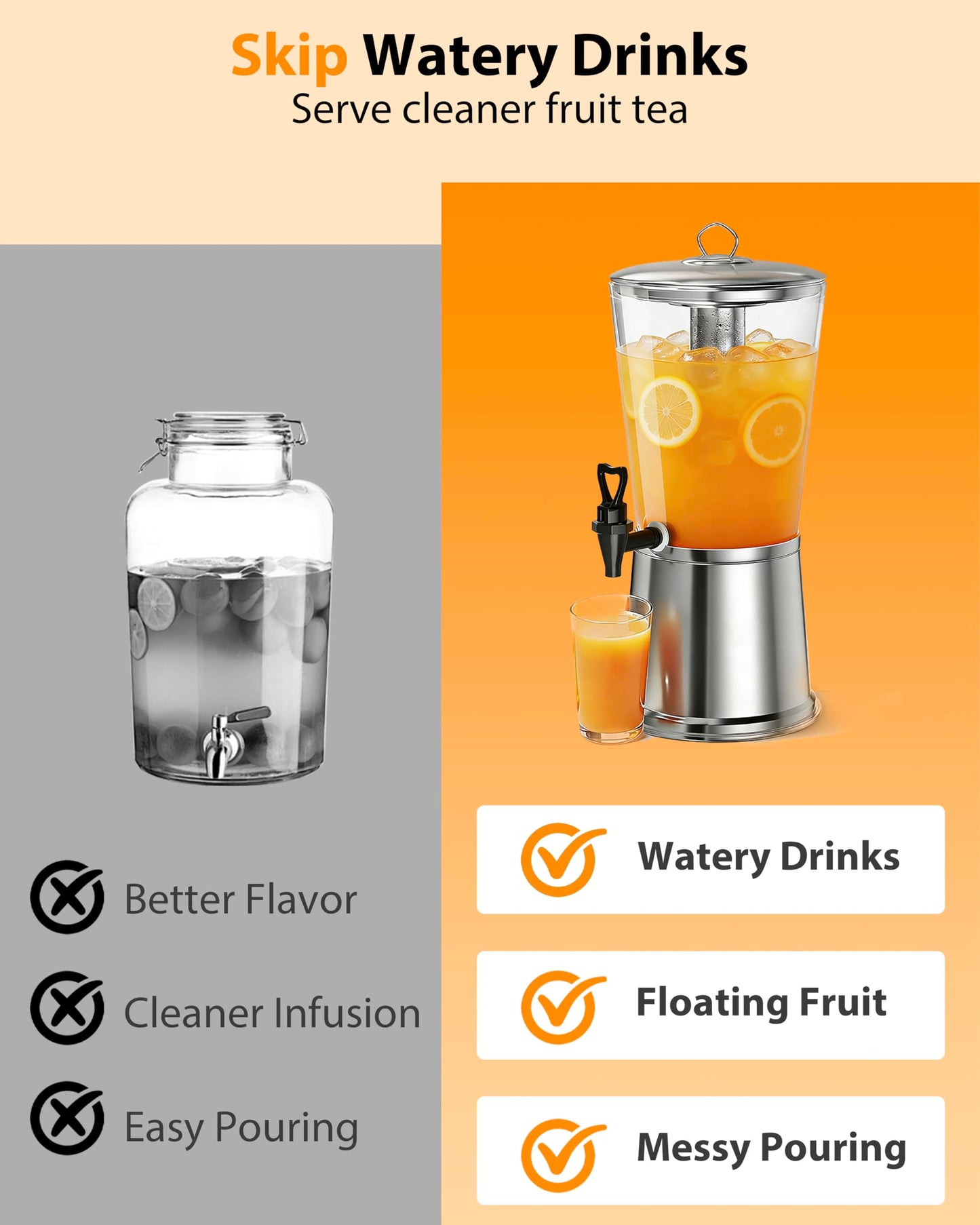 GUSTOCHEF Beverage Dispenser with Stand, 2.5 Gallon Drink Dispenser for Parties,Events,Buffet &Self-Serve,Dual Ice Tube Core Fruit Infuser,Leakproof Spigot,Clear PC Container, Stainless Steel Lid&Base