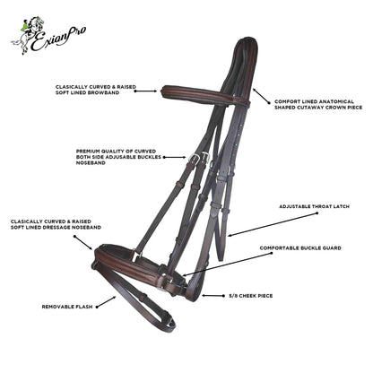 Exion Anti Pressure Cutback Crown Piece Soft Lined Browband and Crank Noseband Dressage Leather Bridle and Hand Stopper Leather Reins | Royal Dressage Bridle for Horses