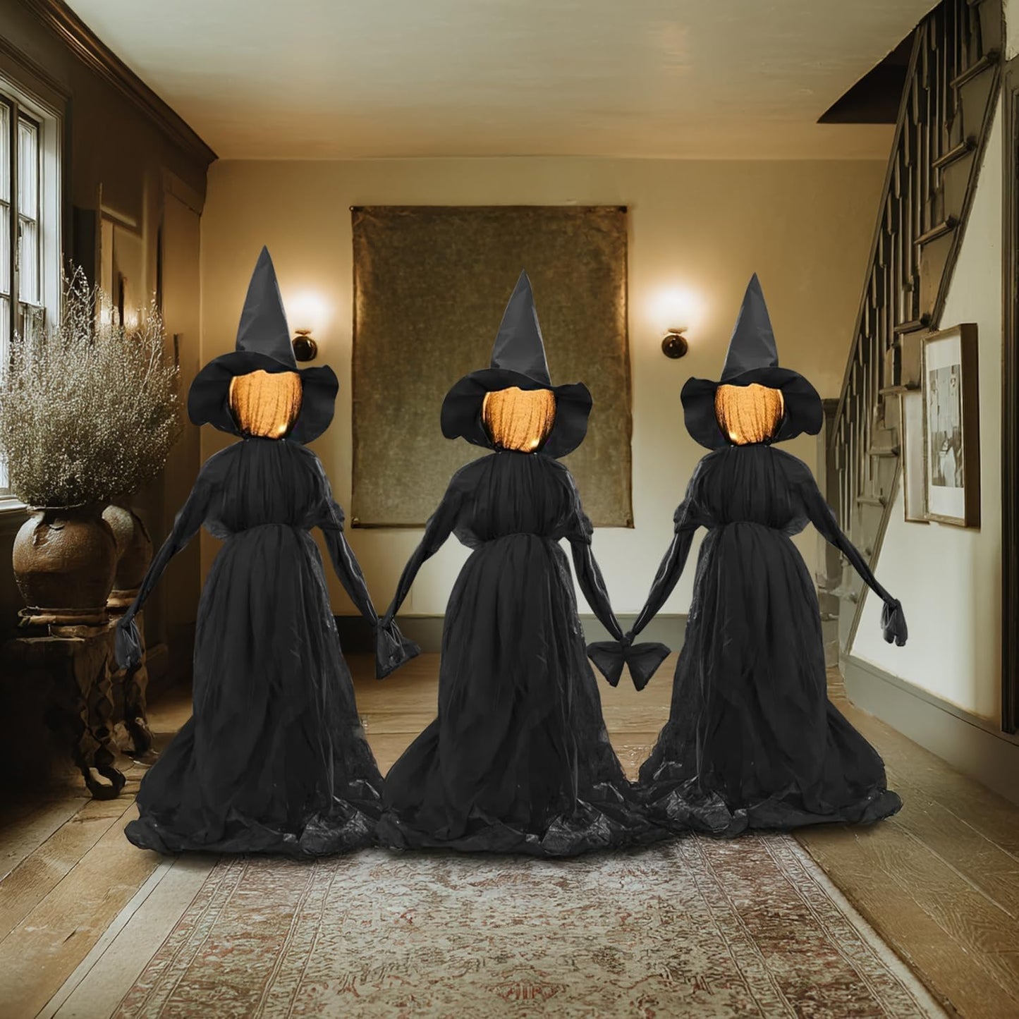 TW SHINE Halloween Witch Decorations Outdoor, 5 FT Set of 3 Holding Hands Witches Stakes with Glowing Face, Lighted Halloween Decor for Party Yard Lawn Porch Garden Haunted House Props