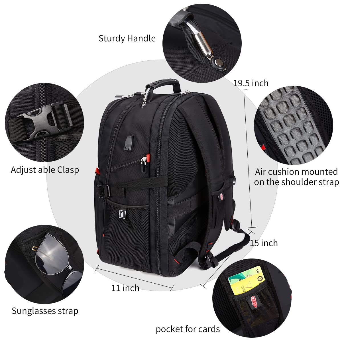 SHRRADOO Extra Large 50L Travel Laptop Backpack with combination lock, College Backpack Airline Approved Business Work Bag Fit 17 Inch Laptops for Men Women,Black