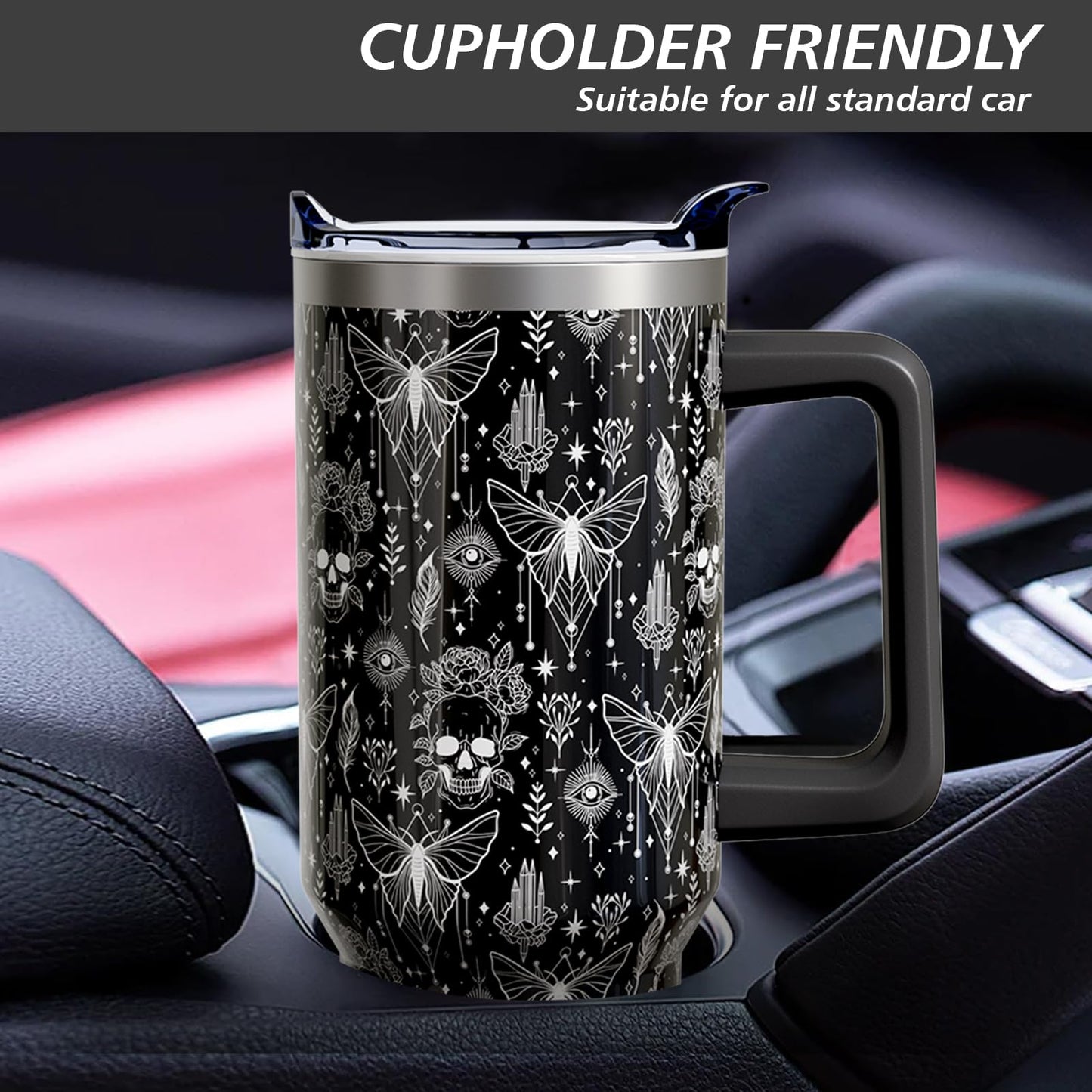 Aokoyi Goth Skull 40oz Tumbler Cup with Handle and Straw, Black Witch Gifts for Women Men, Gothic Holiday Stainless Steel Insulated Water Bottle 1PC