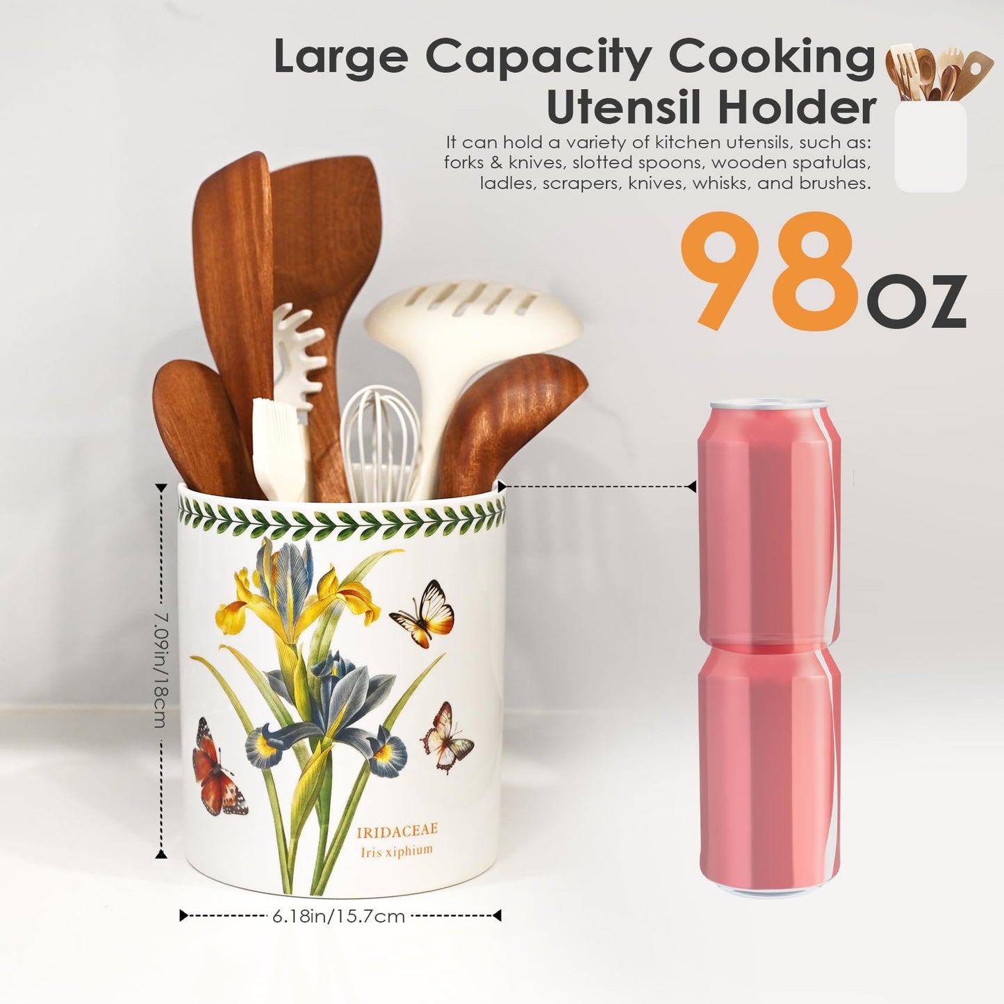 ACMLIFE Extra Large Cooking Utensil Holder, 7.3" Kitchen Utensil Holder for Countertop, Utensil Crock for Farmhouse Kitchen Decor, Ceramic Stable Utensil Caddy, Floral (Iris)