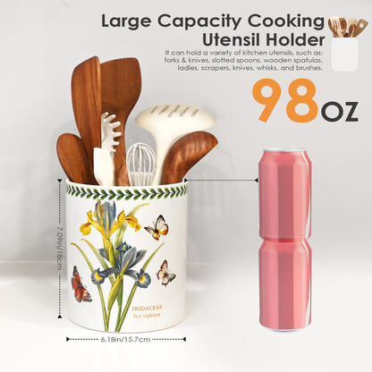 ACMLIFE Extra Large Cooking Utensil Holder, 7.3" Kitchen Utensil Holder for Countertop, Utensil Crock for Farmhouse Kitchen Decor, Ceramic Stable Utensil Caddy, Floral (Iris)