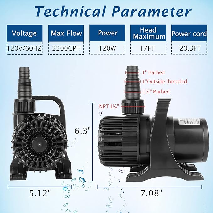 WaterRebirth (2200GPH-120W,UL listed) High Flow Large Fountain Submersible Water Pond Sump Pump Aquarium Electric Waterfall Pump Outdoor PS-2200