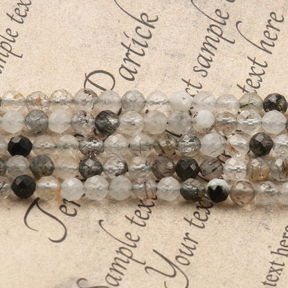 Song Xi 180pcs 2mm Natural Black Rutilated Quartz Gemstone Beads Faceted Round Loose Stone Beads for Jewelry Making (1 Strand)