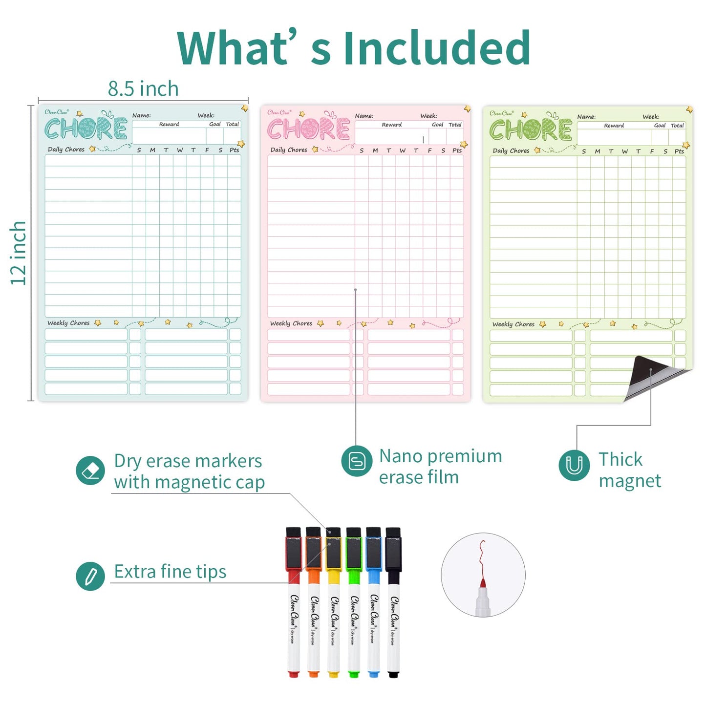 Magnetic Dry Erase Chore Chart - 8.5"x12" Behavior Responsibility Chore Board for Kids, Teenagers - 6 Extra Fine Point Markers Included - Shipped Flat 3 Pcs Blue Pink & Green