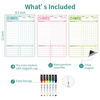 Magnetic Dry Erase Chore Chart - 8.5"x12" Behavior Responsibility Chore Board for Kids, Teenagers - 6 Extra Fine Point Markers Included - Shipped Flat 3 Pcs Blue Pink & Green