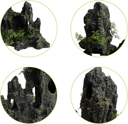 Saim Large Aquarium Mountain View Stone 11.02" Tall Resin Cave Ornament – Betta Hideout with Artificial Plants, for Cichlids Goldfish, Multi-Cave Aquascape Fish Tank Accessories