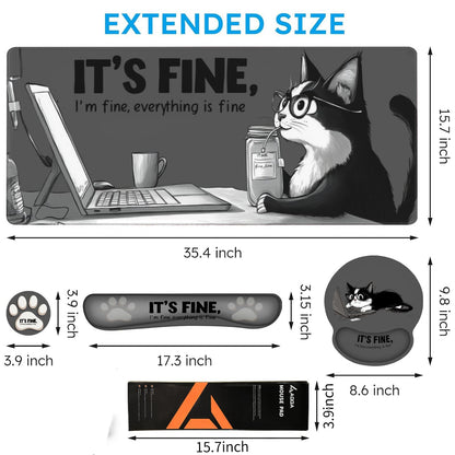 AQQA Funny Keyboard Mouse Pad Set,XXL Mouse Mat+Keyboard Wrist Rest Support, Cat Ergonomic Mouse Pad with Wrist Rest, 4 Pcs Cute Office Desk Accessories,35.4×15.7 in