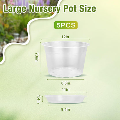 FUOAUYK 12 Inch Clear Nursery Pots with Drainage and Saucers, 5 Pack Large Clear Plastic Nursery Pots for Plants, Seedling Plant Pots for Repotting and Growing Plants, Flowers & Vegetables (12 inch)
