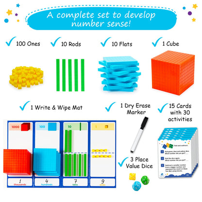 Simply magic 141 PCS Base Ten Blocks & 70 PCS Magnetic Regrouping Activities Kit for Math