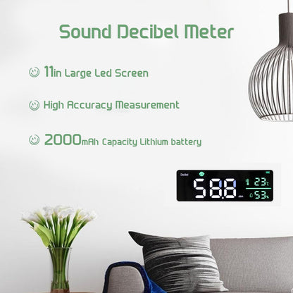 Decibel Meter, Wall Hanging Sound Level Meter, Noise Decibel Meter, 3 in 1 Noise Temperature Humidity Meter, 30 to 130dB Range, with 11in Large LED Display Screen, for Classroom
