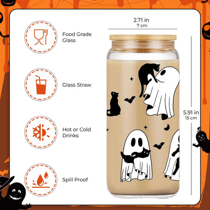 Halloween Glass Cups– 18oz Halloween Cups with Lid & Straw & Straw Covers, Ghost Tumbler Boo Basket Ghost Mug Iced Coffee Cup Decor Indoor