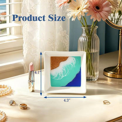 Beach Gift for Women Ocean Jewelry Tray Ring Dish Ceramic Resin Coastal Trinket Holder Necklace Ear Bracelet Storage Plate Summer Bedroom Bathroom Home Decor Housewarming Engagement Wedding Present