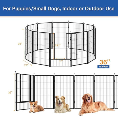 Dog Playpen 36 inch 12 Panels for Indoor & Outdoor Use – Heavy-Duty Metal Pet Fence with Ground Stakes, Rounded Ball Tops for Safety, Stable & Foldable Design, Easy to Assemble