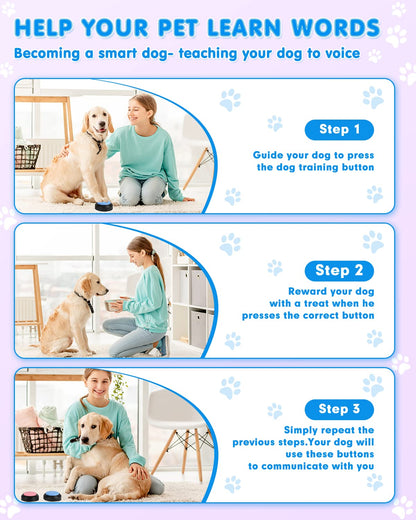 Acools Dog Buttons for Communication, 4 Dog Talking Button Set, Speaking Buttons for Cats and Dogs, 30s Voice Recordable Pet Training Buzzer with Waterproof Dog Activity Mat and 48 Scene Stickers