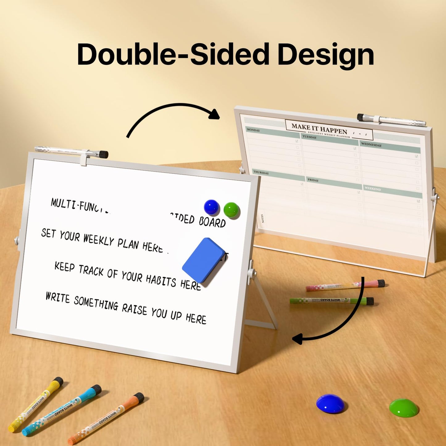 Marsrock Dry Erase White Board with Stand,Double-Sided Weekly Whiteboard 16"x12",10 Markers,6 Magnets,1 Eraser,Portable Desktop Whiteboard for Planning,Weekly Schedule Board for Office
