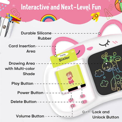 Henry & Colin Smart Talking Flash Cards Reader with LCD Writing Drawing Tablet Card for Kids – Colorful Drawing Pad, Educational Toy, Reusable Board, Travel Essential for Boys & Girls (Pink)