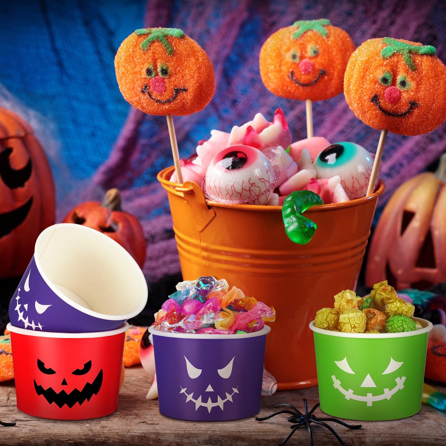 Uiifan 80 Pcs 8 Oz Halloween Disposable Cups Paper Snack Cups Halloween Party Cups Disposable Pumpkin Bowls for Adult Coffee Juice Hot Cold Drinks Candy Snack Party Supplies, 4 Styles