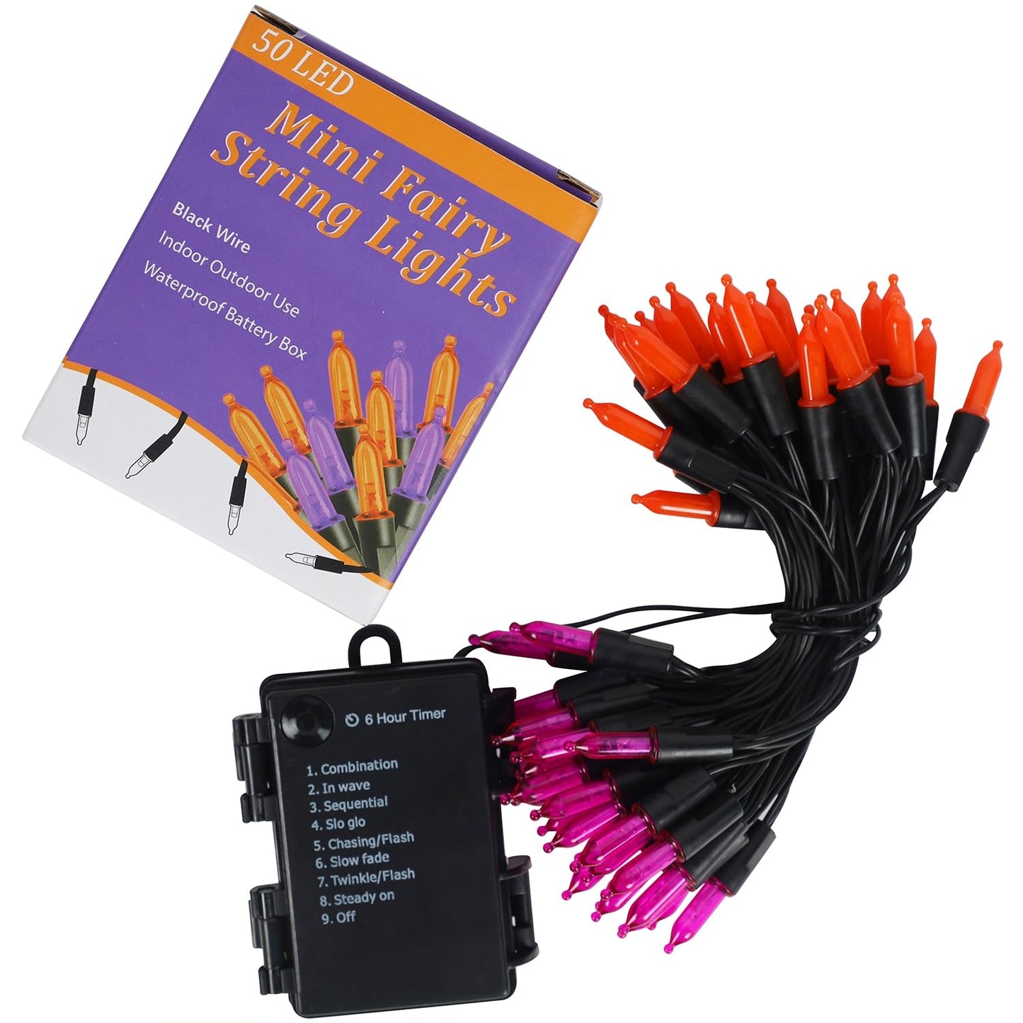 WATERGLIDE 50 LED Outdoor Halloween Lights, 16 FT Mini String Light with 8 Modes, Waterproof Battery Operated Tree Lights for Indoor Outdoor Patio Garden Party Wedding Decoration, Orange & Purple
