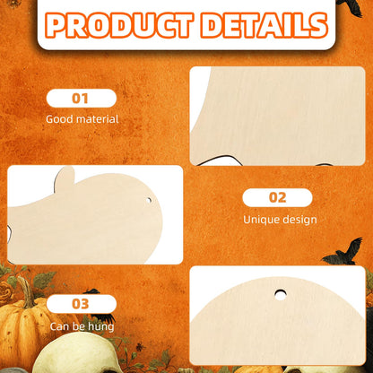 kuchisity Large Size 7'' Wooden Halloween Ornaments to Paint 30 Pcs DIY Blank Unfinished Ghost Wooden Cutouts with Twines for Halloween Thanksgiving Day Fall Party