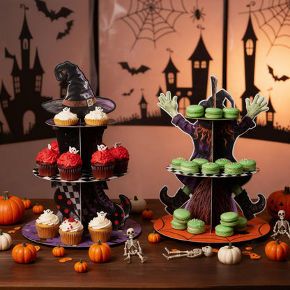 LemonRoad 2 Pcs Halloween Cupcake Stand Decoration Halloween Party Supplies 3 Tier Cardboard Cake Holder Witch Party Cupcake Tower for Treat Birthday Dessert Favors Carnival (Mixed)