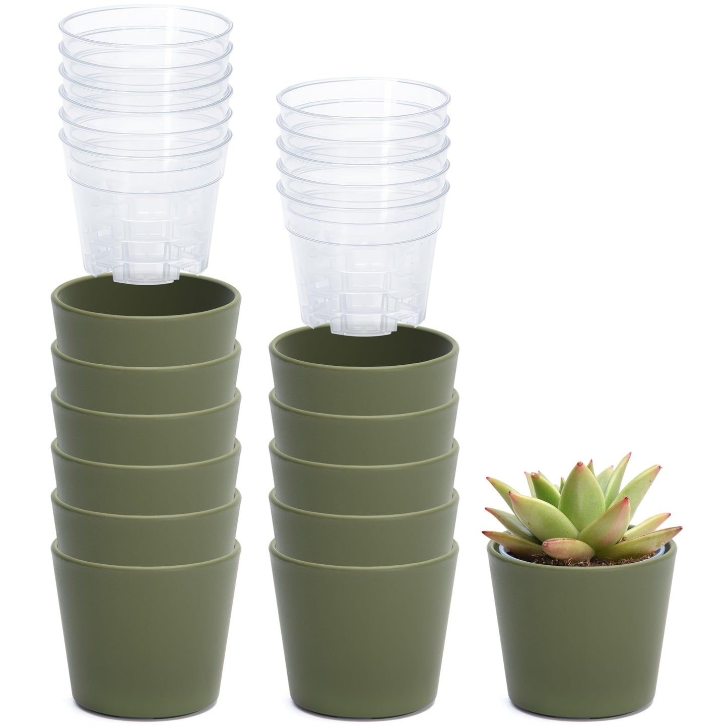 Phoenix Vine 3.5 Inch Olive Plastic Cachepot with Clear Nursery Pot, Decorative Lightweight Planter Cover with Transparent Inner Pot for Indoor Houseplants, Pack of 12, 24-A-F-12