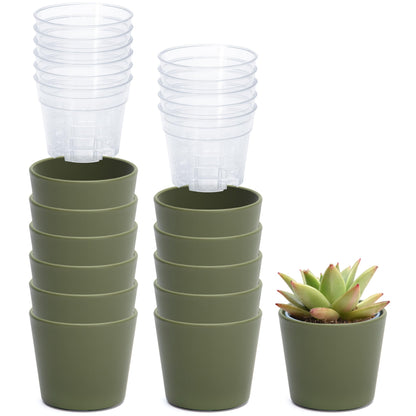 Phoenix Vine 3.5 Inch Olive Plastic Cachepot with Clear Nursery Pot, Decorative Lightweight Planter Cover with Transparent Inner Pot for Indoor Houseplants, Pack of 12, 24-A-F-12