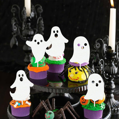 Halloween White Glitter Ghost Cupcake Toppers 24PCS Ghosts Baby Shower Cake Decorations Cute Ghost Cake Toppers for Happy Halloween Birthday Party Baby Shower Supplies
