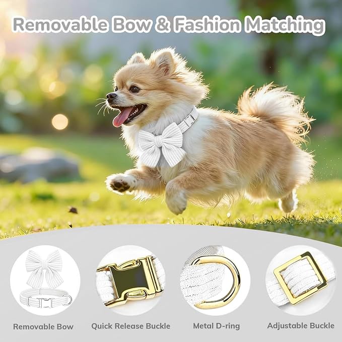 Small Dog Collar Harness and Leash Set with Bowtie, Adjustable Dog Harness Collar and Leash Set with Secure Metal Buckle, Breathable Cotton Adjustable Pet Puppy Harness, Easy Walk Harness, S(14–18.9")