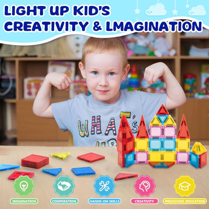 Mini Magnetic Tiles for Kids, Magnetic Building Set, Construction STEM Travel Toys for Boy Girl Ages 3+, Montessori Preschool Learning Educational Sensory Magnet Creative Toy Gift for Toddlers, 32 Pcs