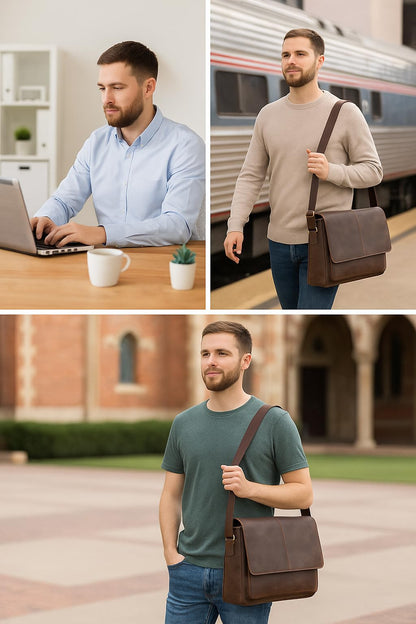Oak Leathers Leather Messenger Bag for Men and Women - Laptop Briefcase Bag For College, Office, Adjustable Shoulder Strap (Wood)