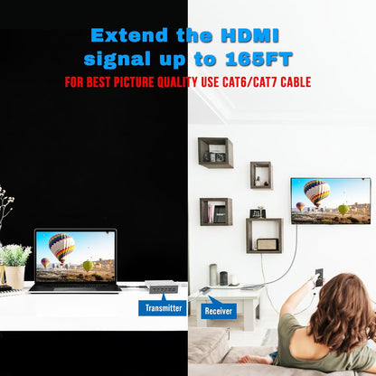 J-Tech Digital HDMI Extender 1080P 60Hz Over Single CAT 5e/6/7 PoC (Power Over Cable) up to 165ft, Deep Color EDID Copy Zero Signal Loss [JTD-HDEX-1PV2]