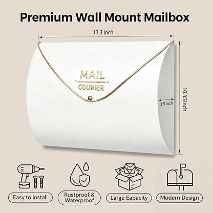 White Wall Mount Mailbox for Outside,Waterproof Metal Mailboxes with Rust-Proof Galvanized Steel,Large Capacity Envelope Mailbox for House,12.99 x 10.35 x 3.5 Inch