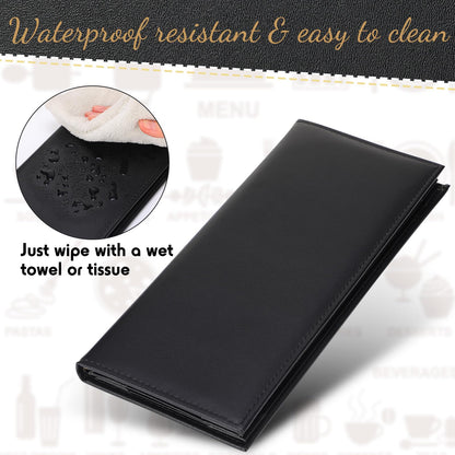 Jexine 30 Pcs Leather Menu Covers Holders - 4.25 x 11 Inches 4 View Fold Black Leather Menu Book with Angled Corners Waterproof for Restaurant Cafe Bar Wine Drinks List Covers Set