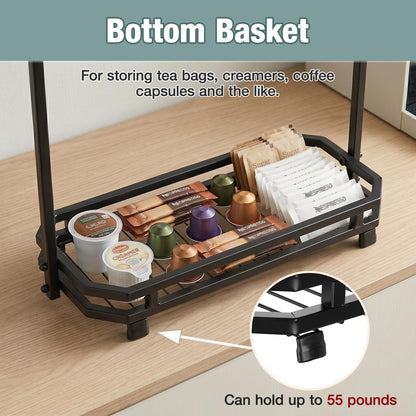 Samhe Coffee Mug Holder for Countertop, Coffee Cup Holder Rack with 14 Hooks, Metal Mug Tree Stand with Storage Base for K Cup Coffee Pod Paper Cups Tea Bag - Black
