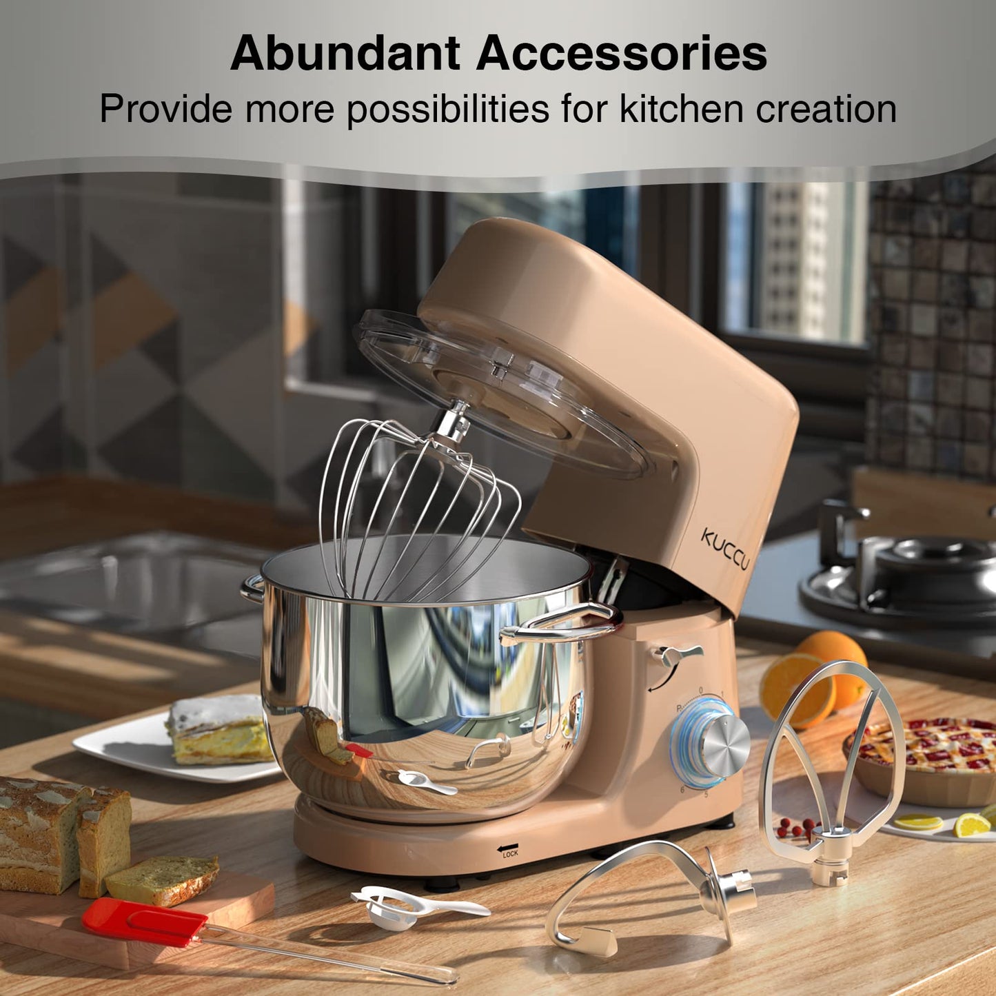 9.5 QT Double Handle KUCCU Stand Mixer, 6 Speed with Pulse Electric Kitchen Mixer, 660W Tilt-Head Food Mixer with Dishwasher-Safe Dough Hook, Flat Beater, Whisk, Splash Guard for home baking (Silver)