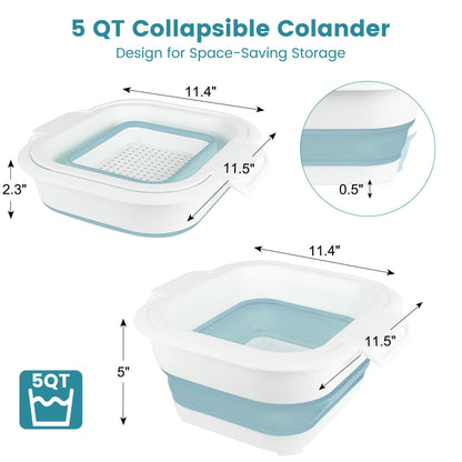 ROTTOGOON Collapsible Colander Set with Strainer Bowl, 2 in 1 Fruit Washing Basket with Strainer, 5 + 3 QT Plastic Colanders for Kitchen, Foldable Double Layered Colanders Bowl for Vegetable, Grey