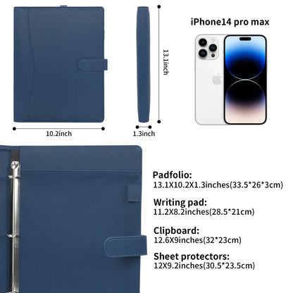 Wonderpool A4 PU Leather Portfolio Holder Ring File Document Case with Removable Binder Clipboard, Multi Pocket and Legal Pad for Business Organizer Interview and Meeting (Dark Blue)