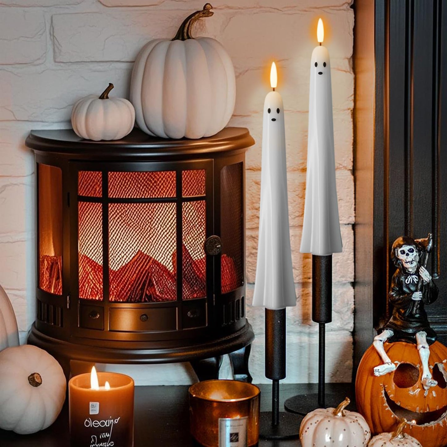 Eldnacele Ghost Halloween Flameless Taper Candles Battery Operated with Remote Timer Set of 2 White LED Flickering Candle Real Wax 3D Wick Long Lasting Spooky Dinner Indoor Decor(0.79" D x 9.5" H)