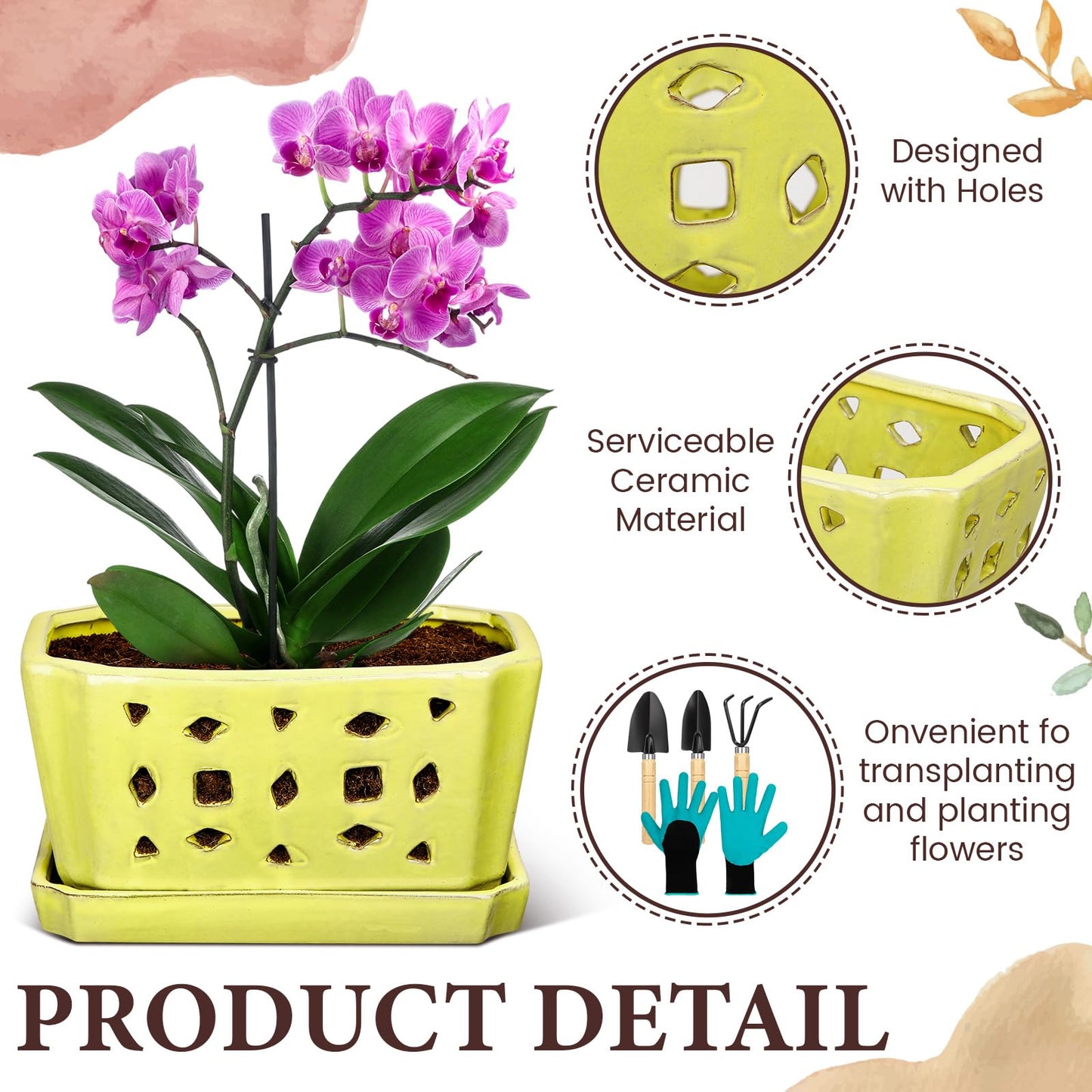 Teenyyou 1 Set Orchid Pot with Holes 9.5 Inch Ceramic Orchid Pot with Saucers for Repotting Amaryllis Flower Planter Include Gardening Shovel Set and Gloves for Home Decor(Yellow)