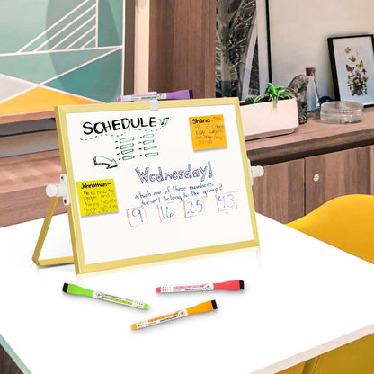 AMUSIGHT Magnetic Dry Erase White Board, 12" x 8" Double-Sided Golden Aluminum Frame Desktop Whiteboard with Stand, Portable Small Whiteboard Set for Drawing, Office, Home, School
